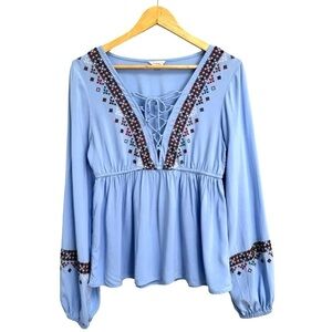Aeropostale Women's Boho Lace Up Top Blue Medium Embroidered Babydoll Hippie